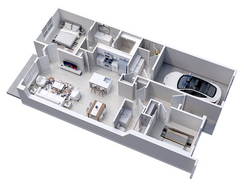 3D floor plan of 2-Bedroom, 2-Bath Ranch Townhome with 1-Car Garage (1165 sq ft)